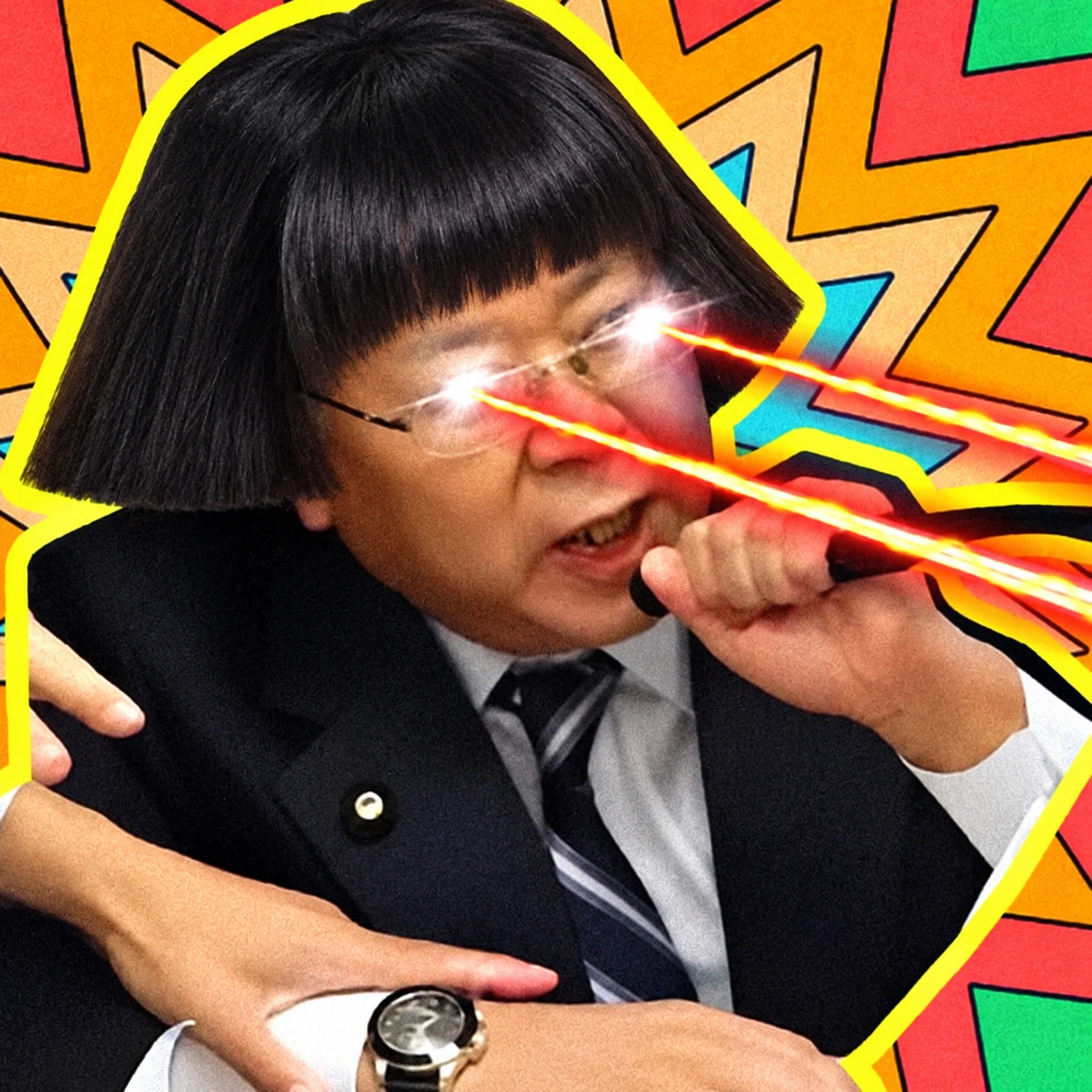 Frank with a black bob haircut and bangs, firing lasers from his eyes against a colorful comic background